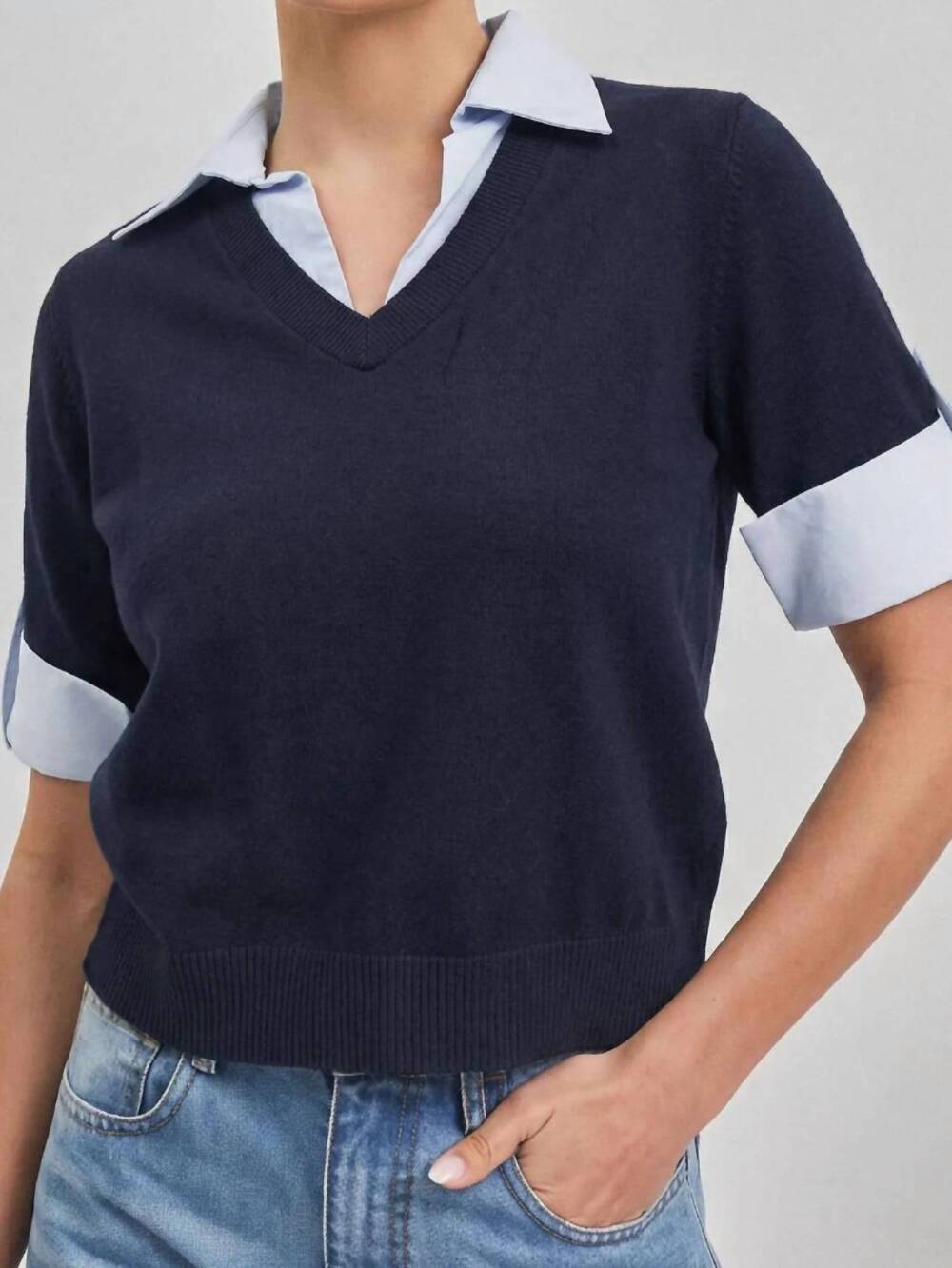 NEW ABLE layered look short sleeve sweater top in navy